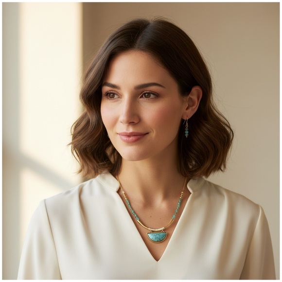 NWT Blue Tribal Necklace & Earrings Set – Goldtone Minimalist Boho Jewelry - Picture 8 of 9